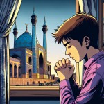 تصویری کمیک بوک  از یک نوجوان ایرانی حدودا 15 ساله  موهای قهوه ای رنگ و پیراهنی بنفش به تن دارد ، مشغول نماز خواندن است و از پنجره ی اتاقش حرم امام رضا دیده میشود