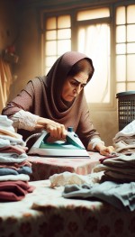 زن با خجاب ایرانی در حال اتو کردن لباس است