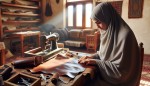 زن با حجاب در منزل چرم می دوزد