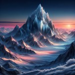 A snowy mountain peak at dawn, captured in early dawn's first light, free of man-made structures and void of animal figures, emphasizing the pristine beauty of the natural environment.