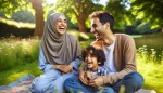 زن با حجاب و شوهر و پسر خود در حال خندیدن در پارک هستند