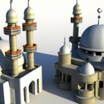تصویر سه بعدی از یک مسجد با دو مناره و یک گنبد