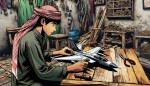 تصویری کمیک بوک از یک پسر حدودا 17 ساله اهل جنوب ایران که در یک کارگاه نجاری پر از کنده های درخت نشسته است و مشغول ساختن یک ماکت چوبی از یک جنگنده است