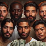 چند مرد در اتاقی،  کمی تاریک،  هر یک چهره ای متفاوت،  نمایانگر گروه، چهره افراد گرم باشد،  واقعی، برجسته،  جذاب و کنجکاو کننده،  کیفیت بالا، دلار جلوشون باشه، نگاه به دوربین،  نمای نزدیک