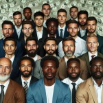 چند مرد در اتاقی، کمی تاریک، هر یک چهره ای متفاوت، نمایانگر گروه، چهره افراد گرم باشد، واقعی، برجسته، جذاب و کنجکاو کننده، کیفیت بالا، دلار جلوشون باشه، نگاه به دوربین، سمیل داشته باشن، یکی جلوتر از همه،  بقیه پشتش ردیفی