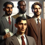 چهار مرد در اتاقی، هر یک چهره ای متفاوت، چهره افراد گرم ، سمیل دار،کت و شلوار پوش، دلار جلوشون باشه، یکی جلوتر از همه مثل رییس، بقیه پشت سر، ایستاده ، واقعی، نور پردازی گرم، سه بعدی باشد تصویر، نماینگر یک گروه باشد