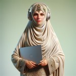 عکس ایستاده یک خانم معلم زیبا و کاملا با حجاب رو بساز که هدفون به گوش داشته باشد و یک لپتاپ در دستش گرفته باشد. پس زمینه پشت خانم به رنگ سبز روشن زیبا باشد.