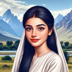 یک دختر حدودا 16 ساله با موهای مشکی و بلند تا پشت زانو کشیده شده و جلوی موها چتری تا بالای ابرو و سفید پوست با بینی عادی و زیبا و یک لب خندان( بدون پیدا  شدن دندان) با چشمهای مشکل بادامی  و مژه های بلند با لباس بلند کردی در  کنار کوه های بلند