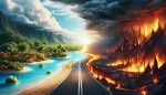 یه عکس از یک دو راهی بساز که یک سمت بهشت باشد و سمت دیگر جهنم