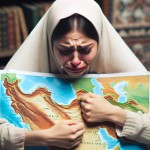 نقشه ایران که یک زن او را در آغوش گرفته است و زن در حال گریه کردن است
