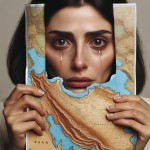 نقشه ایران که یک زن او را در آغوش گرفته است و زن در حال گریه کردن است