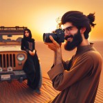مرد عکاس جوان با ریش بلند و عینکی در حال عکاسی از دختری در دشت نمکزار می باشد. خورشید در حال غروب بوده و عکاس خوشحال می باشد در کنار ماشین جیپ