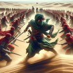 یک عکس از یک نوجوان عرب رزمنده بساز که تنها با سپاه عظیمی از دشمنان در صحرا در حال جنگیدن است، لباس خودش سبز و لباس دشمنانش قرمز است، چهره او را با پارچه عربی بپوشان