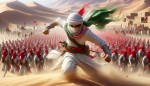 یک عکس از یک نوجوان عرب رزمنده بساز که تنها با سپاه عظیمی از دشمنان در صحرا در حال جنگیدن است، لباس خودش سفید و لباس دشمنانش قرمز است، چهره او را با پارچه عربی سبز بپوشان