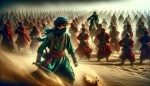 یک عکس بسیار حماسی از یک نوجوان عرب رزمنده بساز که تنها با سپاه عظیمی از دشمنان در صحرا در حال جنگیدن است، لباس خودش سبز و لباس دشمنانش قرمز است، چهره او را با پارچه عربی بپوشان