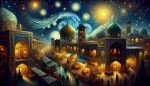 یک نقاشی از ایران باستان بساز که آسمان آن مثل آسمان شب پرستاره ونگوگ باشد