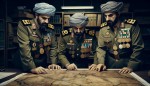 سه فرمانده سپاه پاسداران ایرانی در دوران دفاع مقدس در حال نقشه خوانی هستند .