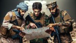 سه رزمنده ایرانی در حین جنگ مشغول نقشه خوانی هستند