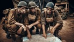 سه رزمنده شهید ایرانی در (دوران دفاع مقدس) مشغول نقشه خوانی هستند