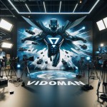 یک فضای خیلی خفن ابرقهرمانی طراحی کن که وسط اسم vidoman باشه و اطراف هم دوربین های حرفه ای فیلم برداری باشه