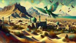 یک عکس از ایران در زمان خوارزمشاهیان بساز که مثل نقاشی ونگوگ باشد و در آن سیمرغ هم وجود داشته باشد، فقط سیمرغ را به رنگ سبزآبی درست کن