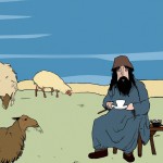 بک مردی که چوپان است که دارد گوسفند هایش را نگاه میکند و چایی میخورد درحالیکه دو گرگ به گوسفندها حمله کرده اند و دو عدد از گوسفند هارا کشتند وهوا آفتابی است