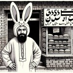 نقاشی کمیک بوک از مردی که لباس عروسکی خرگوش پوشیده است و جلو مغازه ساندویچی در ایران ایستاده است