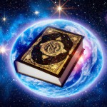 کتاب قرآن که بسیار نورانی بوده و بسیار جذاب میباشد و زیبایی های کهکشان ها و کره زمین در پس زمینه نمایان باشد