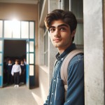 در درب ورودی یک مدرسه در تهران، دانش آموز نوجوانی پسری منتظر باز شدن در مدرسه است.