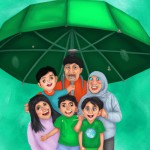 تصویر یک خانواده ایرانی پنج نفره، زیر یک چتر سبز رنگ بزرگ، در کنار هم ایستادن، زیر باران از آرامش چتر بهره می‌برند، لبخند زیبایی رو لب تمام اعضای خانواده هست، افراد خانواده پدر مادر دو تا پسر و یک دختر هستند.