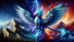 Create a realistic image of a Simorgh that is depicted from a one-third side angle, with the lower part of the image showing the Simorgh split into two halves: one half should be a traditional Simorgh in shades of blue and teal, while the other half should be a futuristic robot. The background should be dramatic and heroic, with elements like lightning or energy emerging from a valley, creating a powerful and epic atmosphere.