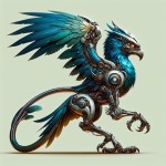 Create a realistic image of a Simorgh with a blue and teal color scheme. The Simorgh should be depicted from a front and slightly downward angle, with one half of the creature being a traditional Simorgh and the other half being a futuristic robot. Ensure that the robotic part is clearly defined and detailed. The image should have no background and should convey a dramatic and epic feel.