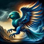 Create a realistic image of a Simorgh that is depicted from a one-third side angle, with the lower part of the image showing the Simorgh split into two halves: one half should be a traditional Simorgh in shades of blue and teal, while the other half should be a futuristic robot. The background should be dramatic and heroic, with elements like lightning or energy emerging from a valley, creating a powerful and epic atmosphere.