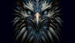 "Create a close-up portrait of a powerful Simurgh, focusing on the lower one-third of its face. One half of the Simurgh's face should display its natural, majestic appearance with bold, detailed feathers and an intense, commanding gaze. The other half should be a cybernetic, motherboard-like structure, featuring intricate circuits and lines with glowing blue and teal accents. Ensure the cybernetic side is robust and imposing, with a strong, futuristic design. Use a dark background to highlight t