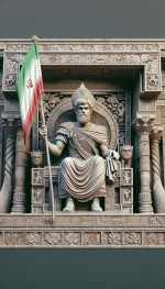 کوروش کبیر نشسته بر روی تخت پادشاهی در قصر بسیار مجلل خود همراه با در دست داشتن پرچم ایران کنونی