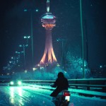 عکس یک زن درحال موتور سواری در خیابان تهران کنار برج میلاد در شب برفی