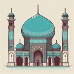 "Create a detailed vector illustration of a mosque featuring a prominent turquoise dome. The mosque should be designed in traditional Persian architectural style, with intricate patterns on the dome and simple, elegant minarets. The overall design should be clean and minimalistic, focusing on the dome's unique color and shape. Ensure the illustration is without any background, allowing for easy integration into various designs."