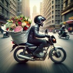 یه پیک موتوری که خیلی سریع داره یه باکس گل رو میرسونه
