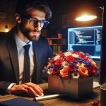 یک برنامه نویس اقا که یک باکس گل هدیه گرفته و روی میزش گذاشته