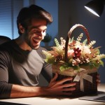 یک برنامه نویس آقا که یک سبد گل هدیه گرفته
