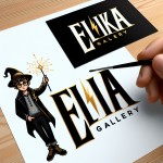 یک لوگو با اسم eliika gallery با رنگ بندی مشکی طلایی که با عکس هری پاتر ادغام شده است را برایم درست کن
