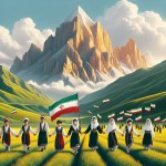یک عکس از تعداد زیادی کودکان با لباس محلی بختیاری که دست در دست هم در حال قدم زدن در دامنه های سرسبز زاگرس هستند و پرچم ایران در دست دارند . قله کوه زردکوه بختیاری در پشت سر آنان قرار دارد