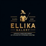 یک لوگو با اسم ellika gallery با رنگ بندی مشکی طلایی که با عکس هری پاتر که در دستش یک تیشرت استین کوتاه دارد برایم درست کن