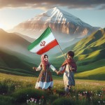 یک عکس از کودکان ایرانی با لباس محلی که دست در دست هم در حال قدم زدن در دامنه های سرسبز زاگرس هستند و پرچم ایران در دست دارند . قله کوه زردکوه بختیاری در پشت سر آنان قرار دارد