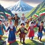 یک عکس از تعداد زیادی کودکان با لباس محلی لری که دست در دست هم در حال قدم زدن در دامنه های سرسبز زاگرس هستند و پرچم ایران در دست دارند . قله کوه زردکوه بختیاری در پشت سر آنان قرار دارد