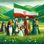 یک عکس از مردان و زنان با حجاب ایرانی که لباس محلی پوشیده اند و با فرزندانش در حال قدم زدن در دامنه های سرسبز زارگس هستند و پرچم ایران در دست دارند