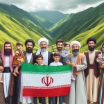 یک عکس از اقوام مختلف ایرانی که لباس محلی پوشیده اند و ریش هایشان را تراشیده اند و در دامنه های سرسبز زاگرس در کنار فرزندانشان در حال قدم زدن هستند و پرچم ایران در دست دارند