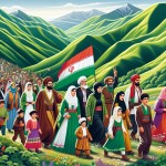 یک عکس از اقوام مختلف ایرانی که لباس محلی پوشیده اند و در دامنه های سرسبز زاگرس در کنار فرزندانشان در حال قدم زدن هستند و پرچم ایران در دست دارند