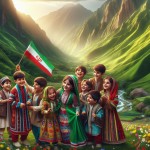 یک عکس از کودکان ایرانی با لباس های محلی در رنگ های متفاوت که در دامنه های سرسبز زاگرس مشغول بازی هستند و پرچم ایران در دست دارند