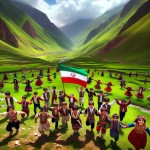 یک عکس از کودکان ایرانی با لباس های محلی بختیاری و اقوام مختلف که در دامنه های سرسبز زاگرس مشغول بازی هستند و پرچم ایران در دست دارند